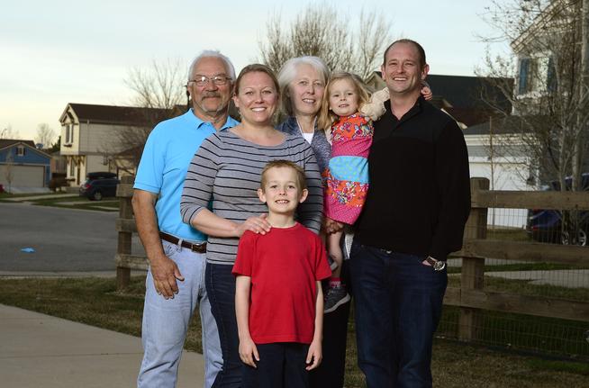 Mike Haas, Lauren Griffith , Luke Griffith, Sandy Haas, Emma Griffith and Jeff Griffith near the Griffith home on April 6, 2016 in Erie, Colorado. The